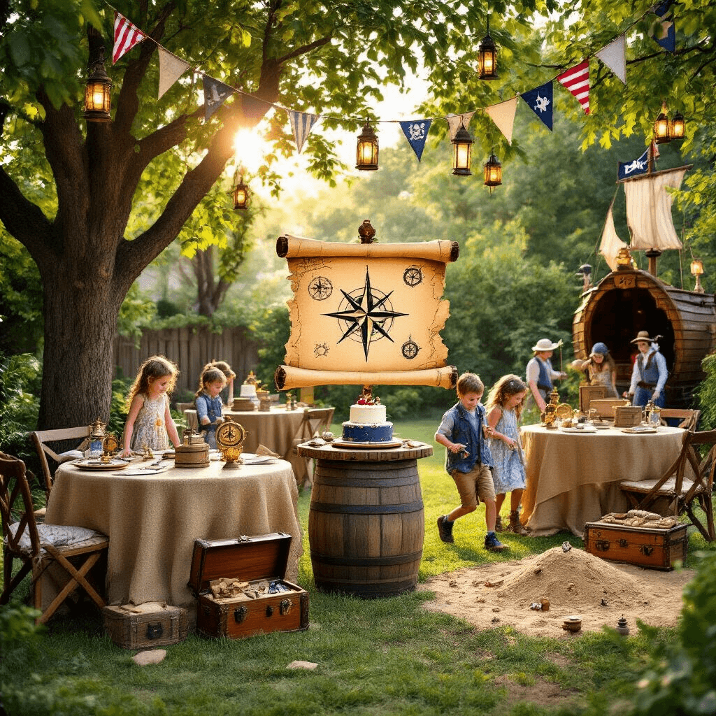 Top Kids Birthday Party Ideas for 2025: Ultimate Party Planning Guide A whimsical backyard adventure party with children exploring activity stations, a treasure map centerpiece, rustic tables adorned with compasses and spyglasses, a pirate ship photo booth, and a cake decorated with an 'X marks the spot' theme, all illuminated by golden hour sunlight and decorated with lanterns and nautical flags.