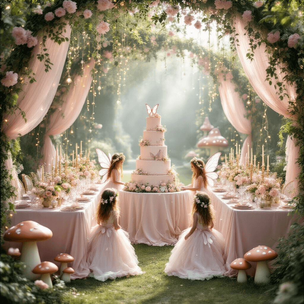 Top Kids Birthday Party Ideas for 2025: Ultimate Party Planning Guide An enchanting fairy tale garden setting with soft morning light illuminating flower arches, fairy lights, and long tables adorned with blush pink silk linens, towering floral centerpieces, and a grand tiered cake. Young guests in shimmering fairy wings frolic among oversized toadstools and a 'wishing well' gift table, surrounded by flowing pastel streamers and cascading ivy.