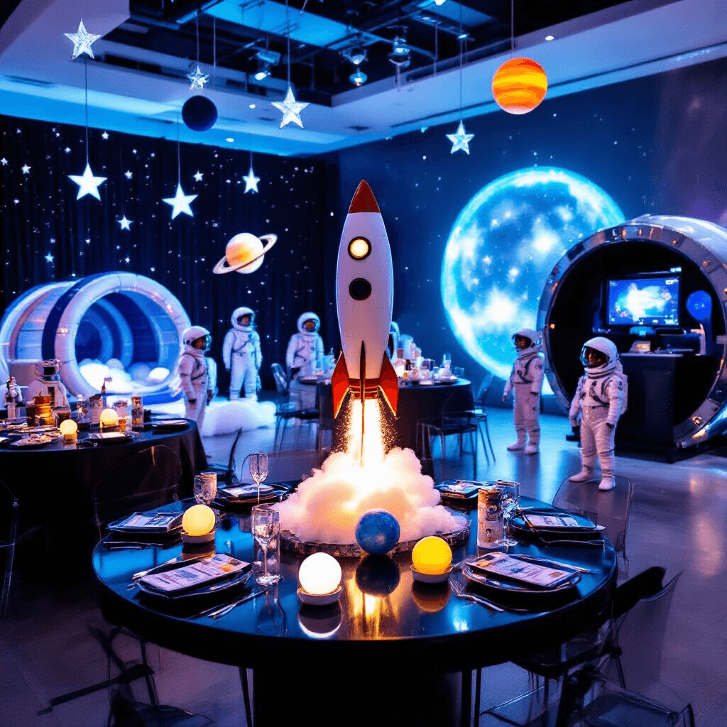 Top Kids Birthday Party Ideas for 2025: Ultimate Party Planning Guide A vibrant outer space explorer party with sleek modern decor, featuring LED lighting, metallic star garlands, and planet decorations, glossy black tables with futuristic place settings, a rocket ship cake with dry ice, a zero-gravity bounce house, an alien craft station, and a virtual reality space walk, all complemented by a starry photo booth and a 'mission control' DJ booth.