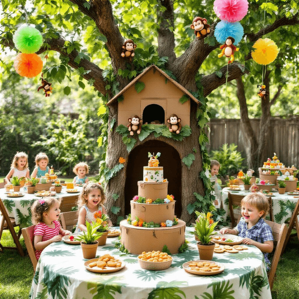 Ultimate 4-Year-Old Birthday Party Guide: Themes, Decor, and Memories that Sparkle! A whimsical Jungle Safari-themed birthday party for a 4-year-old in a sunlit backyard featuring a cardboard treehouse, leaf-print tablecloths with stuffed animal centerpieces, balloon 'trees' with monkey and parrot cutouts, a tiered cake resembling safari hatboxes, and children enjoying a ball pit and posing by a jeep-shaped cutout.