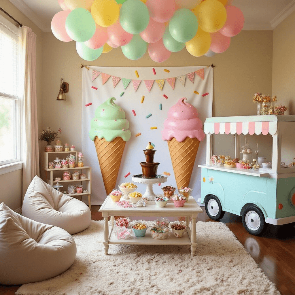 Ultimate 4-Year-Old Birthday Party Guide: Themes, Decor, and Memories that Sparkle! An enchanting Ice Cream Wonderland birthday celebration in a cozy living room, adorned with pastel balloons, a sundae bar with colorful toppings, ice cream cart favors, waffle cone bean bags, and a life-sized ice cream truck photo booth, filled with joyful children enjoying crafts and games.