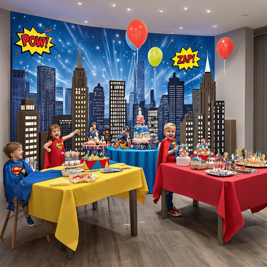 Ultimate 4-Year-Old Birthday Party Guide: Themes, Decor, and Memories that Sparkle! A vibrant superhero-themed party in a modern apartment, featuring a cityscape backdrop, colorful tables with action figure centerpieces, floating comic book speech balloon balloons, a dessert station with superhero-themed cupcakes, and children in capes practicing poses in front of a green screen.