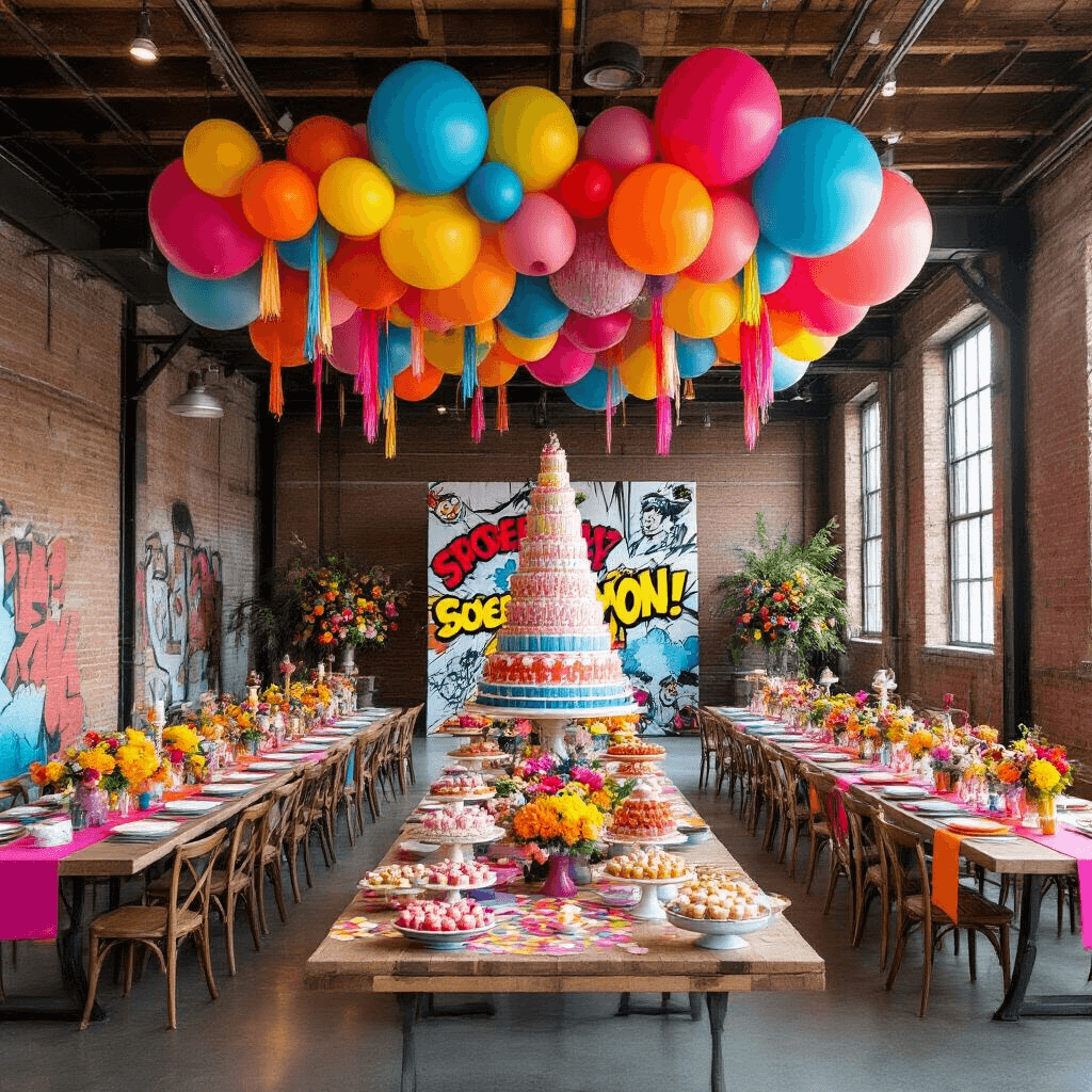 Sweet 16 Balloon Decor: The Ultimate Guide to Creating an Instagram-Worthy Celebration A vibrant Sweet 16 party in an industrial loft, featuring a colorful balloon installation, communal tables with bold table runners, eclectic centerpieces, a comic book-themed photo booth, and a stunning macaron tower surrounded by desserts.