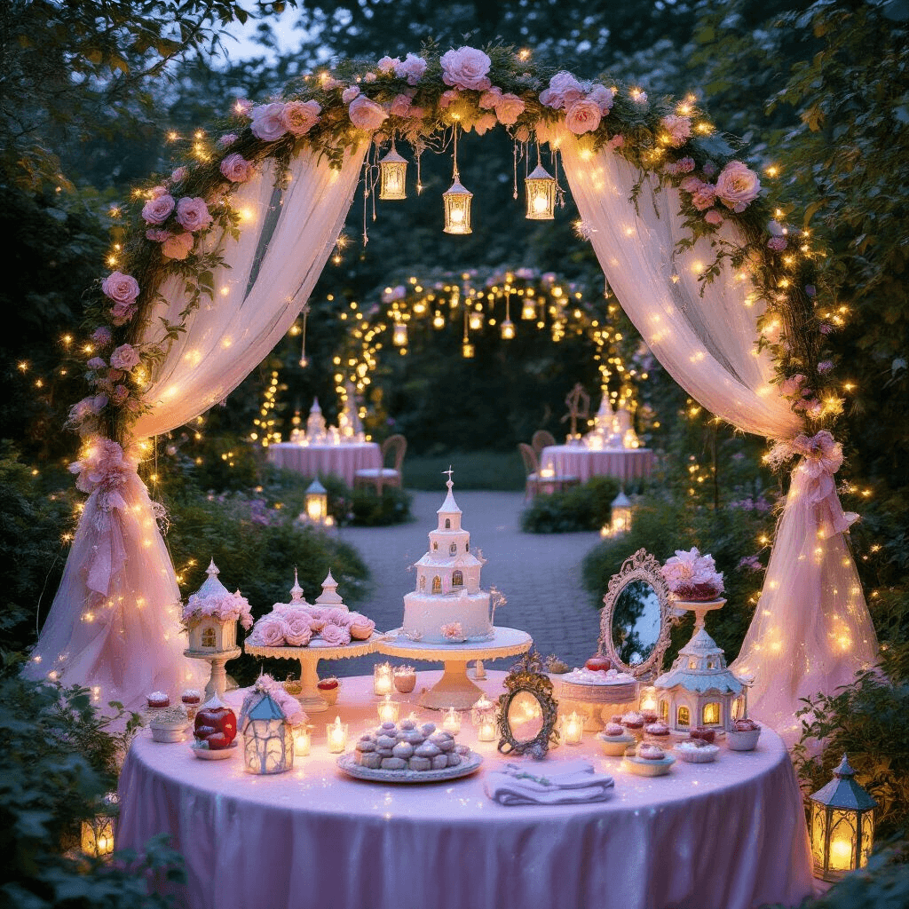 Ultimate 4-Year-Old Birthday Party Guide: Themes, Decor, and Memories that Sparkle! A whimsical garden setting at twilight, adorned with fairy lights, an enchanted forest entrance, shimmering pastel tables, fairy house centerpieces, a royal throne photo op with magic mirror props, a fairytale cottage dessert table featuring poison apple cake pops and a castle cake, and children in costumes twirling near a wishing well gift table, capturing a magical, ethereal atmosphere.
