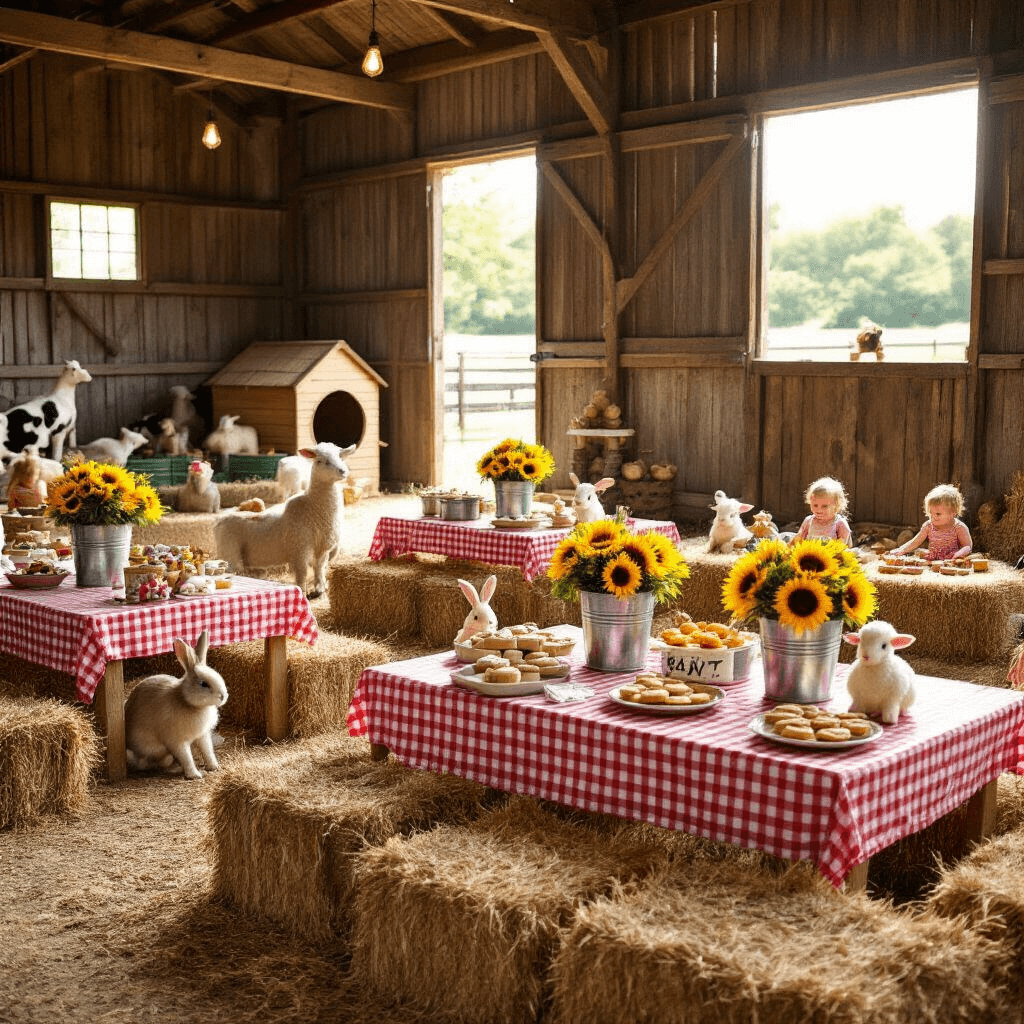 Ultimate 4-Year-Old Birthday Party Guide: Themes, Decor, and Memories that Sparkle! A vibrant farm-themed festival in a rustic barn, with hay bale seating, gingham-covered tables, and cheerful sunflowers. A petting zoo corner with rabbits and lambs, a 'chicken coop' ball pit for toddlers, and a dessert area designed like a farm stand featuring pies and a barn cake. Kids actively engaging in DIY stations, amid warm sunlight streaming through open doors.