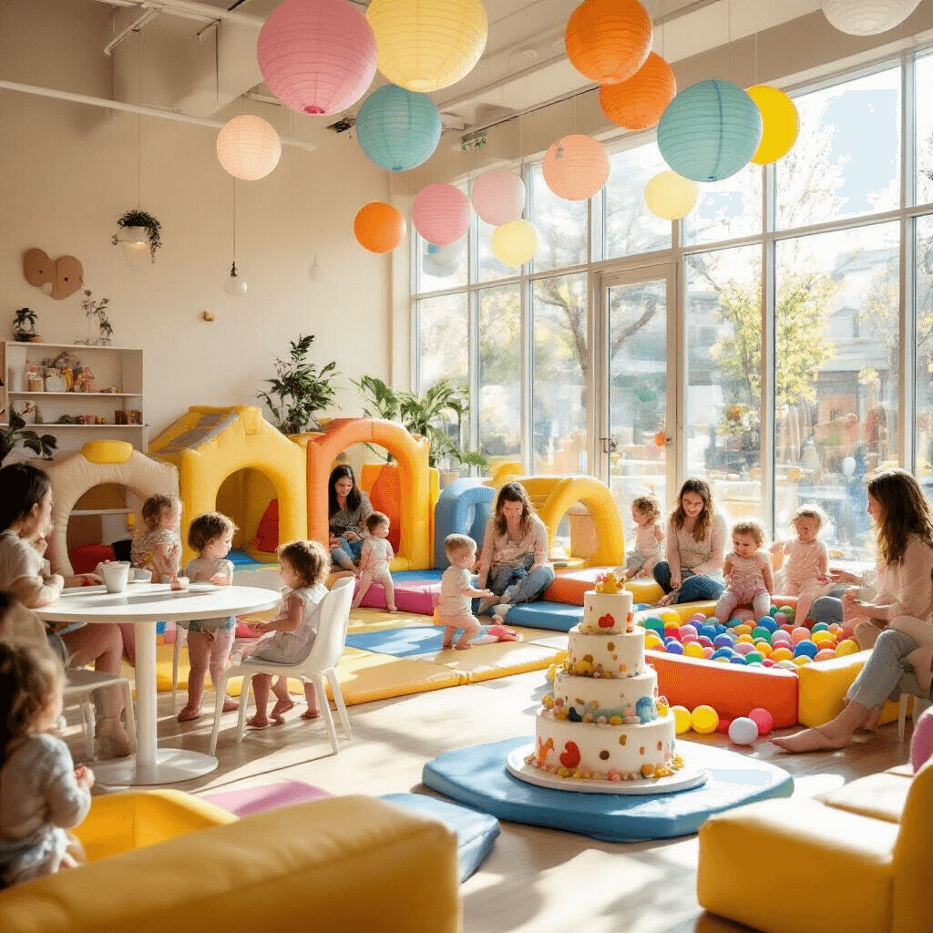 Toddler Birthday Party Venues: The Ultimate Guide to Memorable Celebrations A vibrant indoor play cafe filled with toddlers celebrating a birthday, featuring colorful soft play structures, padded floors, and climbing elements, while parents enjoy lattes at white tables. The scene is decorated with paper lanterns and balloons, a display table with a three-tier cake, and toddlers playing in a mini ball pit amidst natural light streaming through large windows.