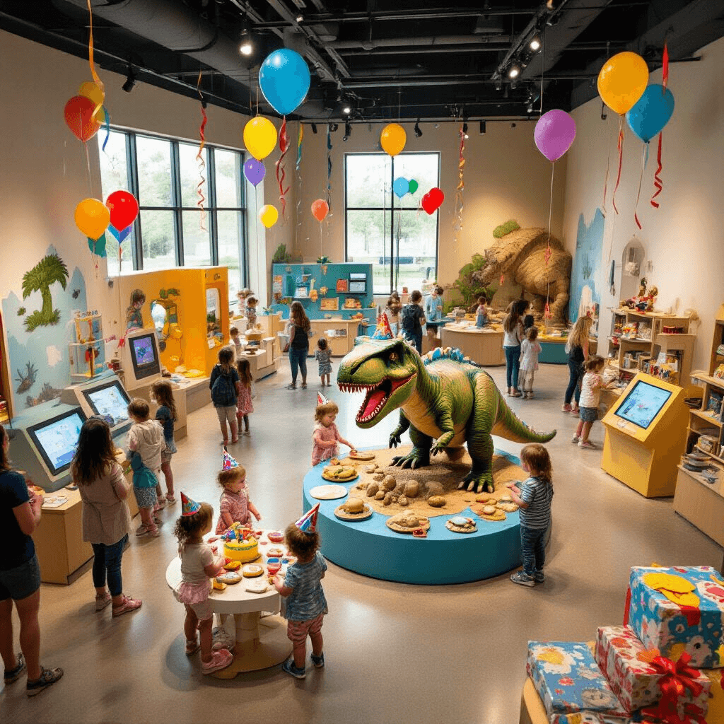 Toddler Birthday Party Venues: The Ultimate Guide to Memorable Celebrations Overhead view of a vibrant children's museum exhibit transformed for a birthday party, featuring colorful learning stations decorated with balloons and streamers, a dinosaur-themed play area with a T-rex cake and fossil-shaped cookies, toddlers in party hats engaging with interactive displays, and parents conversing by a science-themed gift table, all bathed in soft lighting.