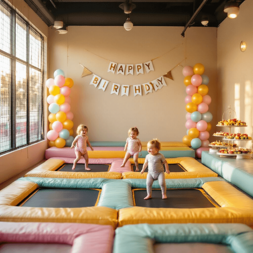 Toddler Birthday Party Venues: The Ultimate Guide to Memorable Celebrations A vibrant birthday celebration in a toddler trampoline park, featuring pastel-colored bouncy surfaces, a 'Happy Birthday' banner, metallic balloons, toddlers joyfully bouncing, and a snack station with fruit skewers and mini cupcakes, all bathed in warm ambient lighting.
