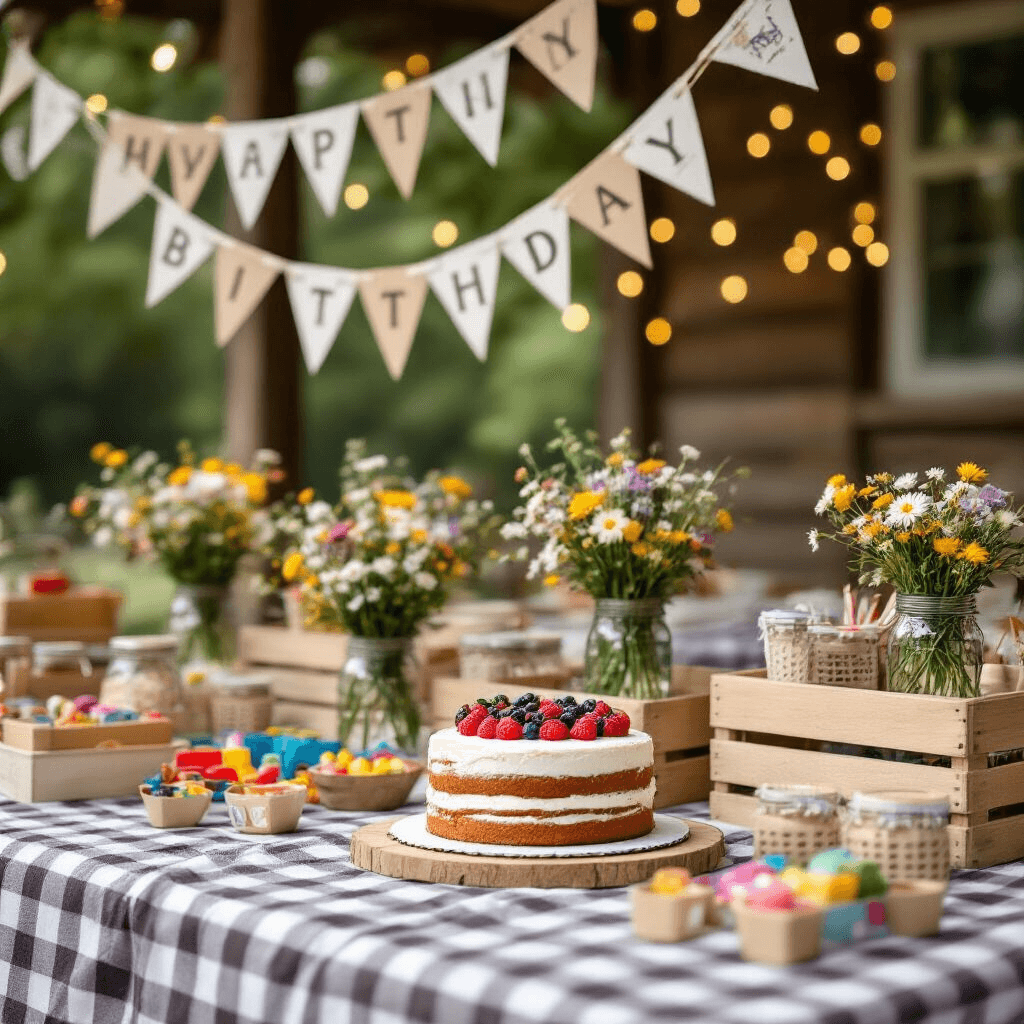 Toddler Birthday Party Venues: The Ultimate Guide to Memorable Celebrations Close-up of a charming birthday setup at a community center featuring gingham blankets, low tables with mason jar centerpieces of wildflowers, wooden crates with toys, homemade bunting, twinkling fairy lights, and a simple naked cake topped with fresh berries.