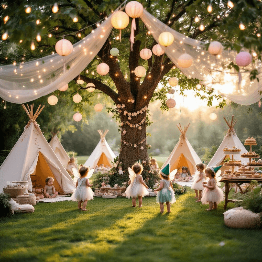 Toddler Birthday Party Venues: The Ultimate Guide to Memorable Celebrations Cinematic wide shot of a whimsical 'Enchanted Forest' themed toddler party at magic hour, featuring twinkling lights, pastel lanterns, a teepee village, a decorated wishing tree, toddlers in fairy wings and elf hats, and a dessert cart with woodland-themed treats, all bathed in soft, golden light.