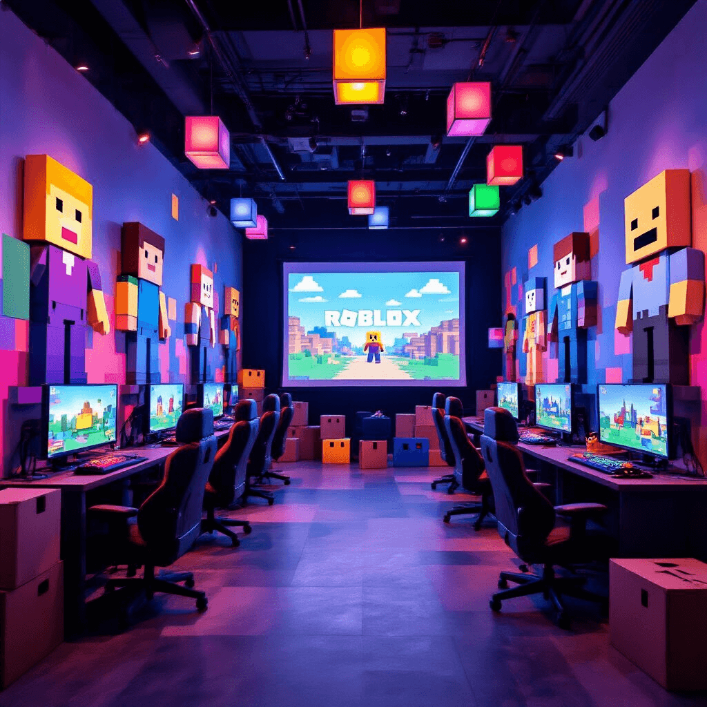 Ultimate Roblox Birthday Party: A Gamer's Dream Celebration A colorful indoor party room designed as a Roblox-themed wonderland, featuring pixelated banners, blocky character cutouts, a large projector screen with a game display, gaming stations with comfy chairs, and vibrant primary colors enhanced by soft ambient lighting.