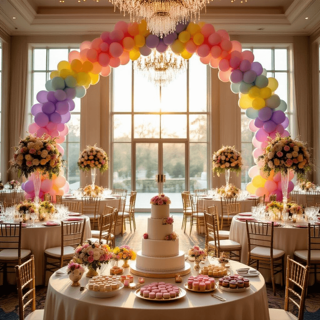 Rainbow Balloons: The Ultimate Party Decor Magic A beautifully decorated indoor wedding reception ballroom featuring a rainbow balloon arch, elegant round tables with floral centerpieces, gold Chiavari chairs, and a dessert cart with a tiered wedding cake and colorful treats, all illuminated by soft golden hour light.