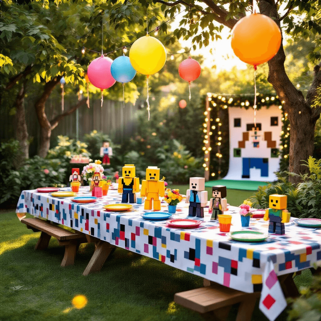 Ultimate Roblox Birthday Party: A Gamer's Dream Celebration A whimsical outdoor garden party featuring a long picnic table with a pixelated tablecloth, decorated with blocky Roblox-inspired centerpieces and colorful dishware, surrounded by lush greenery, oversized Robux-shaped balloons, and strings of fairy lights, with a DIY green screen photo booth in the background.