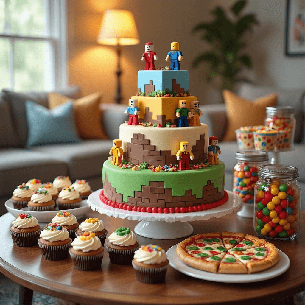 Ultimate Roblox Birthday Party: A Gamer's Dream Celebration An elaborate Roblox-themed cake and dessert display in a cozy living room, featuring a multi-tiered cake designed like a Roblox game world, decorated with fondant character figurines. Cupcakes resembling various Roblox icons surround the cake, and a nearby cupcake decorating station invites young guests. Clear jars filled with Roblox-colored candies and pizza-shaped snacks complete the festive atmosphere, enhanced by soft, warm lighting.
