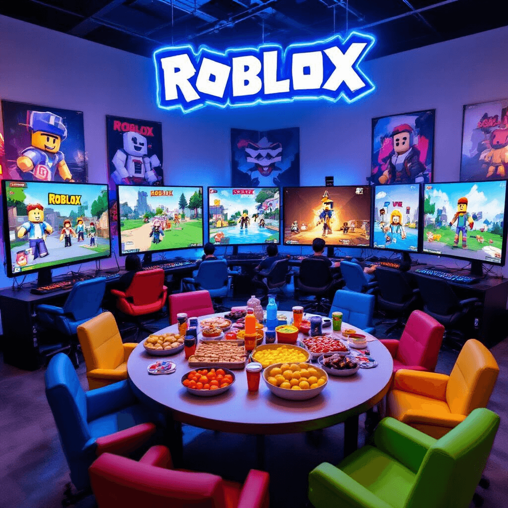 Ultimate Roblox Birthday Party: A Gamer's Dream Celebration A vibrant indoor gaming zone for a Roblox party, featuring multiple large screens displaying popular Roblox games, colorful gaming chairs, a circular table with game-themed snacks and drinks, oversized posters of Roblox characters, and a neon Roblox logo sign illuminating the energetic atmosphere. Kids enthusiastically move between gaming stations.