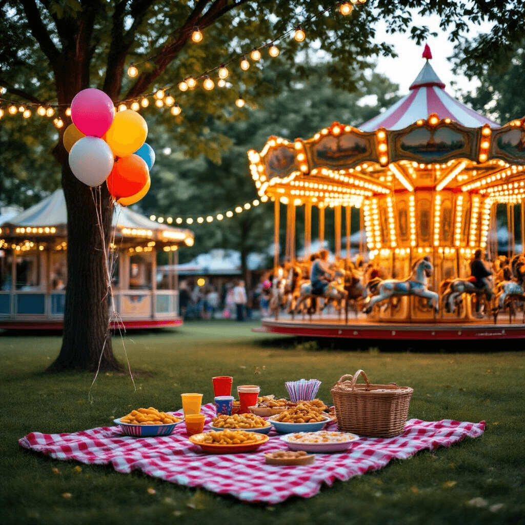 Epic Birthday Party Places for Kids: The Ultimate Guide to Unforgettable Celebrations An overhead shot of an outdoor amusement park during golden hour, featuring twinkling string lights, a classic carousel, and a picnic area with checkered blankets and colorful plates of carnival snacks, along with helium balloons tied to trees.