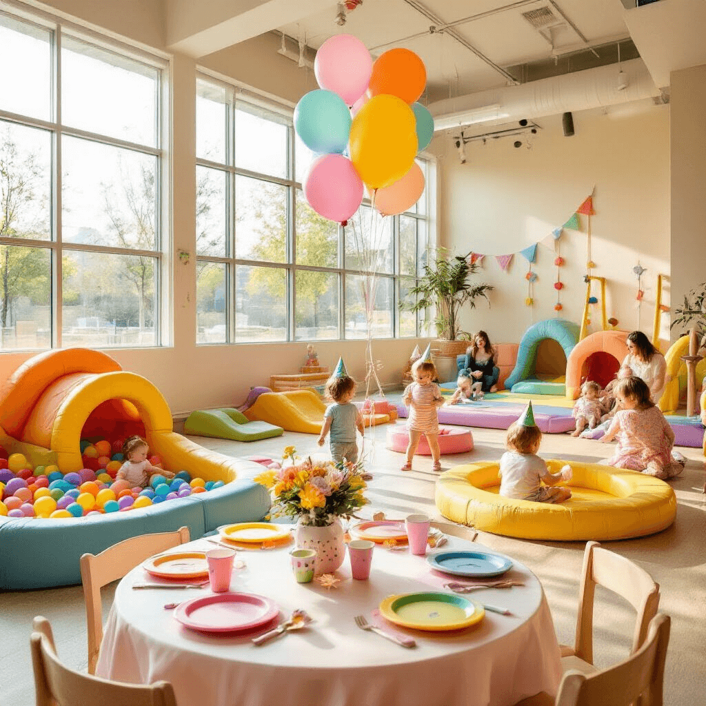 Toddler Birthday Party Venues: The Ultimate Guide to Throwing an Unforgettable Celebration A whimsical indoor playground for a toddler's birthday party, featuring colorful padded play structures, a ball pit, and climbing areas, with toddlers in party hats playing and parents chatting, illuminated by soft natural light through large windows. A beautifully decorated party table with pastel plates, cups, and balloons is in the foreground.