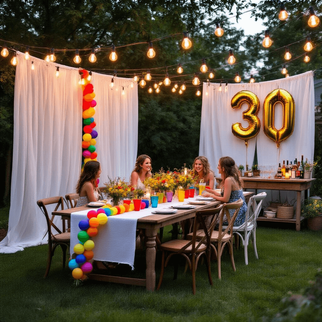 Rainbow Balloons: The Ultimate Party Decor Magic An intimate backyard birthday celebration at dusk, featuring a long farmhouse table with a white linen runner, vibrant rainbow balloon garland, mismatched vintage chairs, colorful glassware, and wildflower arrangements in mason jars, illuminated by warm Edison bulbs; a backdrop of sheer white curtains with a giant '30' in gold mylar balloons and a rustic wooden bar cart displaying rainbow cocktails, with guests mingling on lush grass.