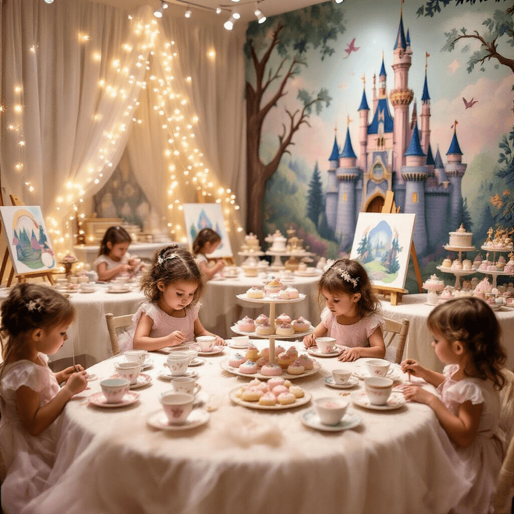 Toddler Birthday Party Venues: The Ultimate Guide to Throwing an Unforgettable Celebration An enchanting fairy tale themed party scene in a cozy activity center, featuring twinkling fairy lights, round tables with shimmering tulle, tiny teacups, a dessert cart with pastel-frosted treats, and children painting at miniature easels, all surrounded by murals of castles and magical creatures.
