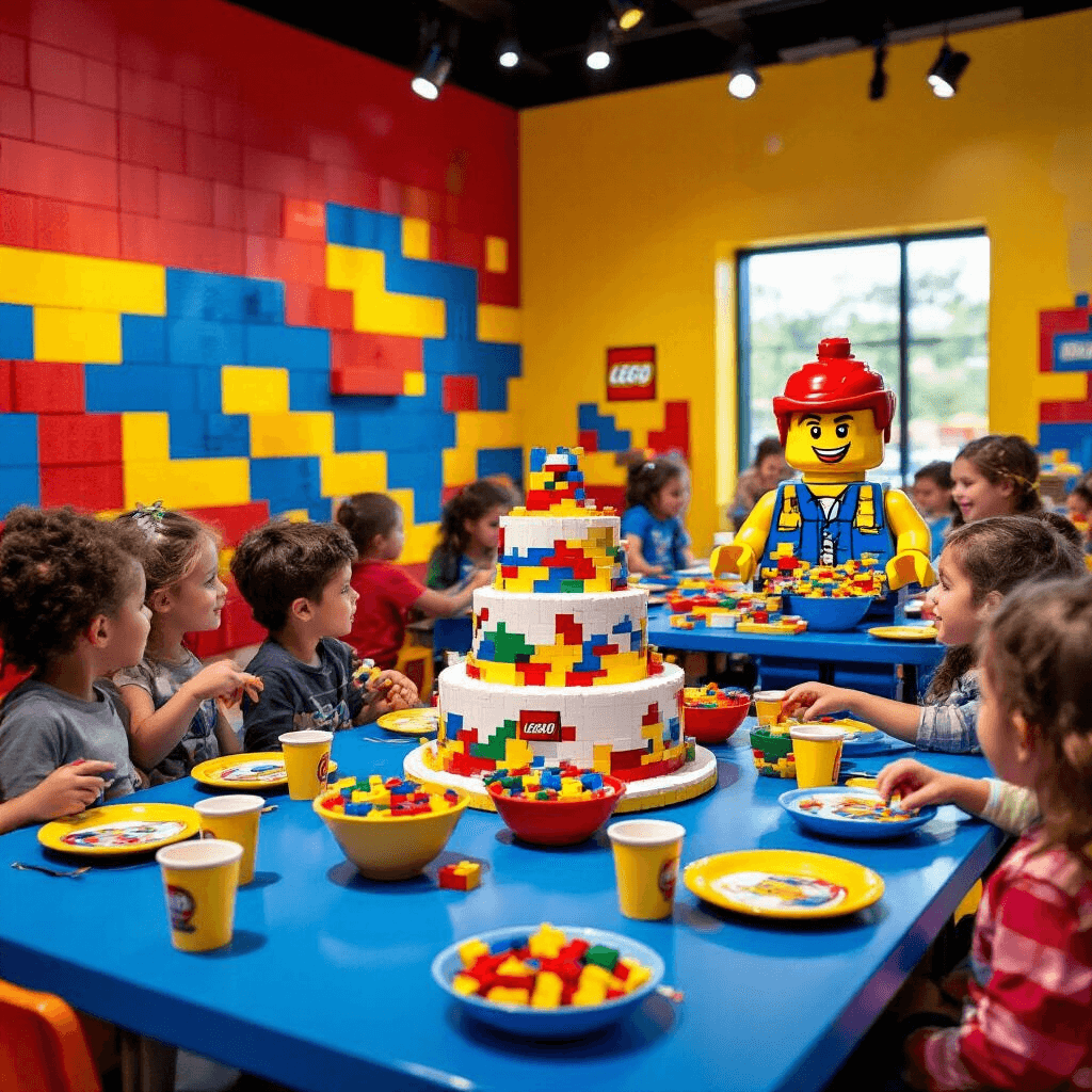 Toddler Birthday Party Venues: The Ultimate Guide to Throwing an Unforgettable Celebration A vibrant LEGOLAND Discovery Center party room filled with children participating in a guided building activity, featuring colorful LEGO-themed decor, custom builds, and a grand LEGO cake.