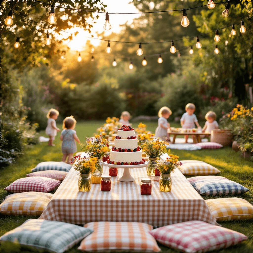 Toddler Birthday Party Venues: The Ultimate Guide to Throwing an Unforgettable Celebration A charming outdoor garden party for a toddler's birthday, featuring low tables with gingham cloths, colorful floor cushions, mason jars with wildflowers, Edison bulbs overhead, a dessert table with a tiered cake and party favors, and toddlers playing with oversized lawn games, all bathed in warm golden hour light.