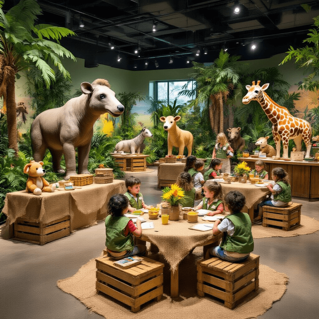 Toddler Birthday Party Venues: The Ultimate Guide to Throwing an Unforgettable Celebration A vibrant children's museum exhibit hall featuring life-sized animal sculptures, interactive displays, and explorer camp-themed tables with burlap runners and plush safari animal centerpieces. Children in safari vests and hats interact with hands-on learning stations amid a festive jungle atmosphere, complete with a 'watering hole' punch station and themed snack bar.