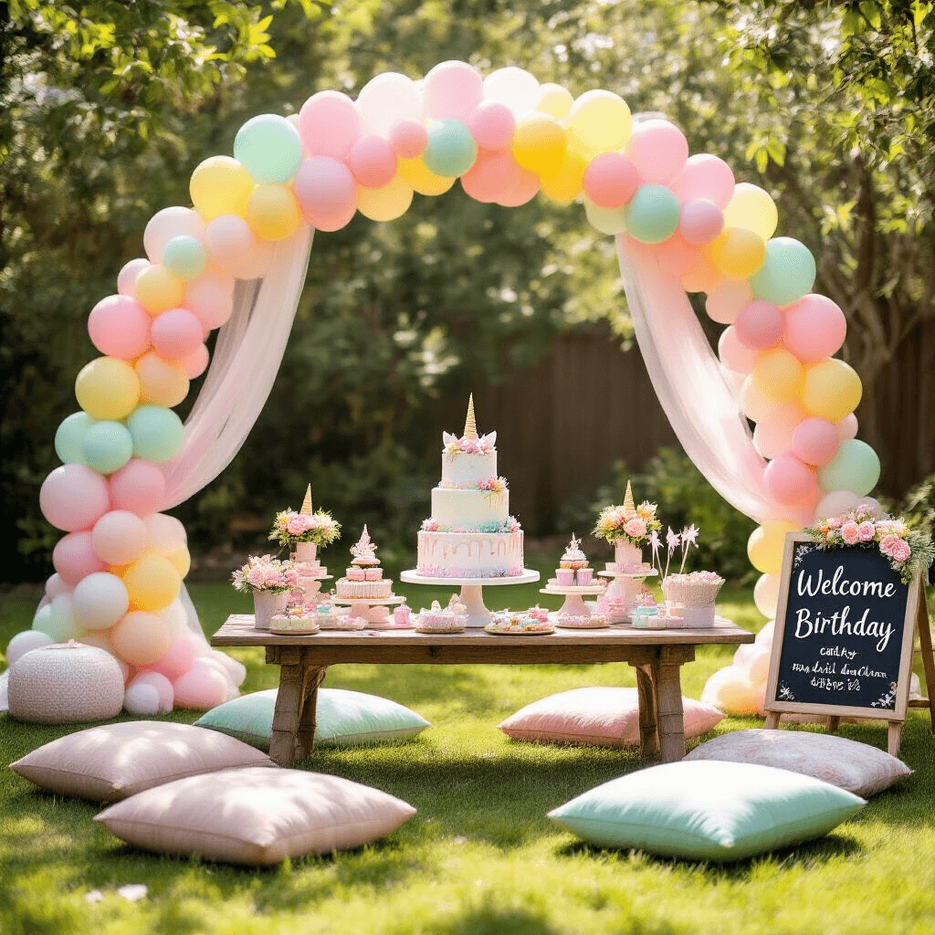 Ultimate Guide to Creating Stunning Birthday Party Backgrounds A whimsical children's birthday party setup in a sunlit backyard featuring a pastel balloon arch, a rustic wooden table with a tiered unicorn cake and rainbow cupcakes, soft tulle streamers, a custom chalkboard sign, plush floor pillows, and low tables decorated with flower crowns and magical wands, all in a dreamy, ethereal atmosphere.