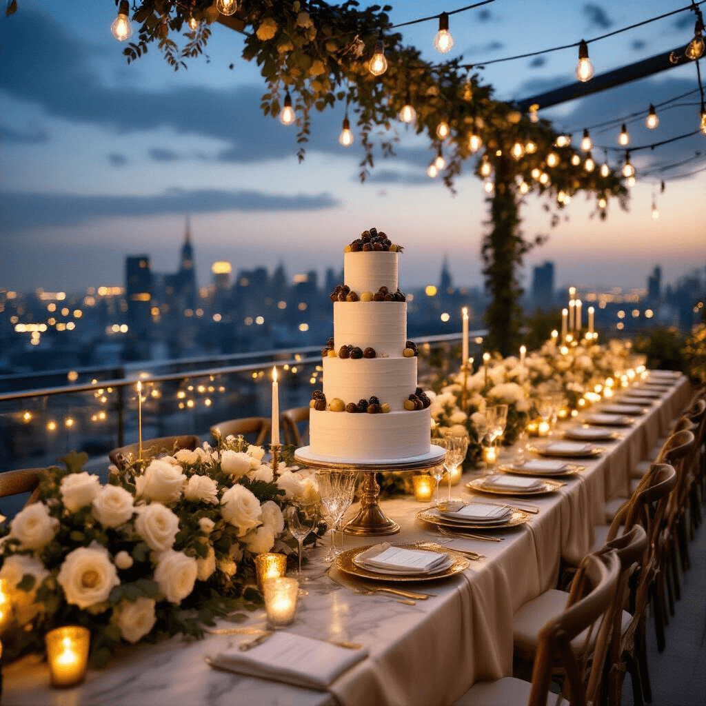 Ultimate Guide to Creating Stunning Birthday Party Backgrounds An elegant rooftop soirée features champagne silk-draped tables with white rose centerpieces, illuminated by fairy lights and Edison bulbs, alongside a marble dessert cart showcasing a towering naked cake, all set against a twinkling cityscape for a sophisticated birthday celebration.