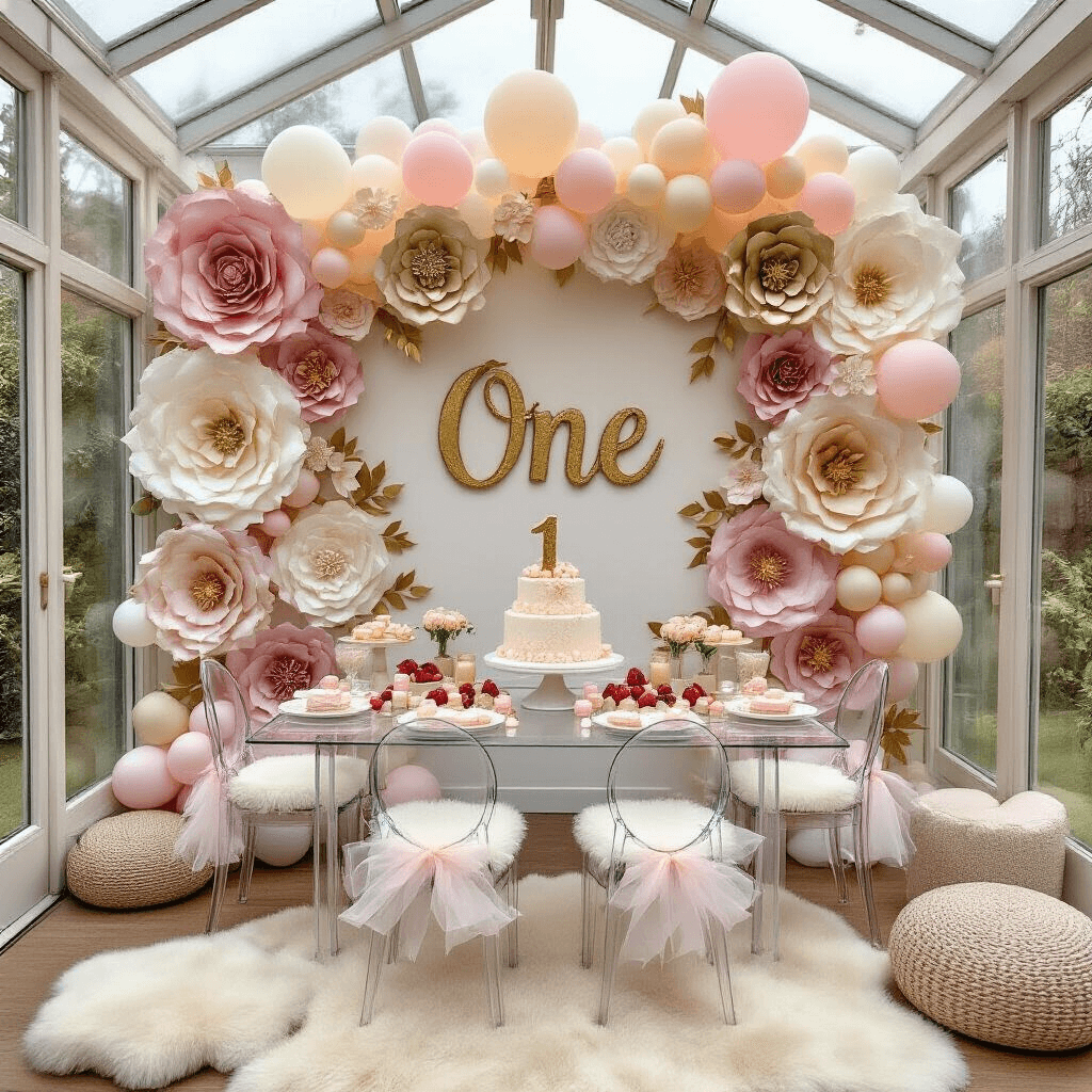Ultimate Guide to Creating Stunning Birthday Party Backgrounds A whimsical first birthday celebration in a conservatory, featuring a wall of oversized paper flowers, a low acrylic table with tiny ghost chairs and tulle bows, a 'ONE' cake topper, macarons, fresh strawberries, pastel balloons, and soft floor cushions, all bathed in natural light.