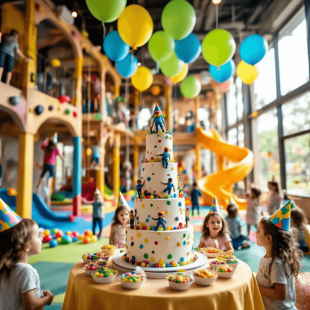 Ultimate Guide to Birthday Party Venues: A Comprehensive Content Creator's Playbook A vibrant indoor birthday party scene featuring a multi-level play structure with climbing walls and slides, illuminated by natural light. Children in colorful party hats are joyfully playing, while a beautifully styled dessert table with a towering cake and miniature climbing figures is in focus. Helium balloons in bright colors float above, adding to the festive atmosphere.