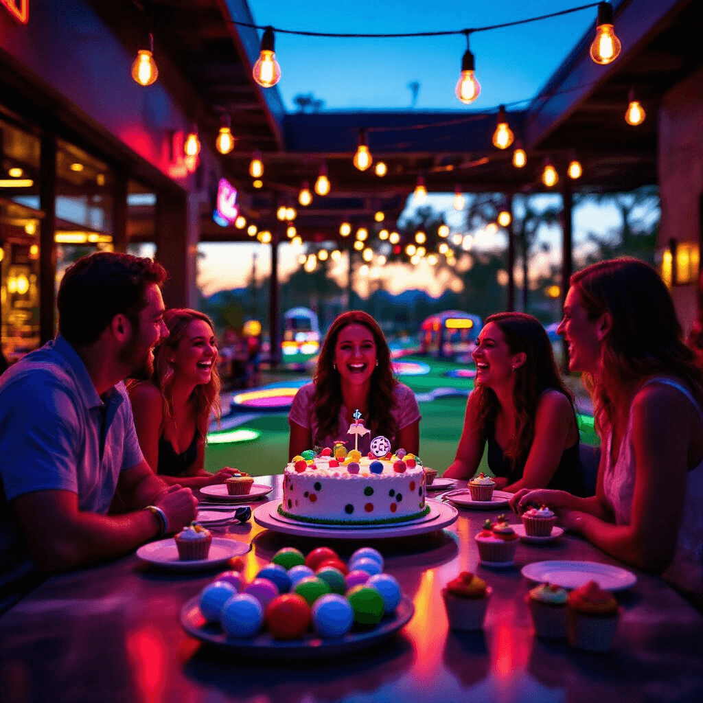 Ultimate Guide to Birthday Party Venues: A Comprehensive Content Creator's Playbook A lively birthday party at a PopStroke-style restaurant at dusk, featuring guests laughing around a central table with a golf-themed cake, vibrant neon signage, modern furnishings, mini-golf obstacles, and strings of Edison bulbs overhead, with colorful golf balls and putters in the foreground, captured with a slower shutter speed to convey energy and movement.