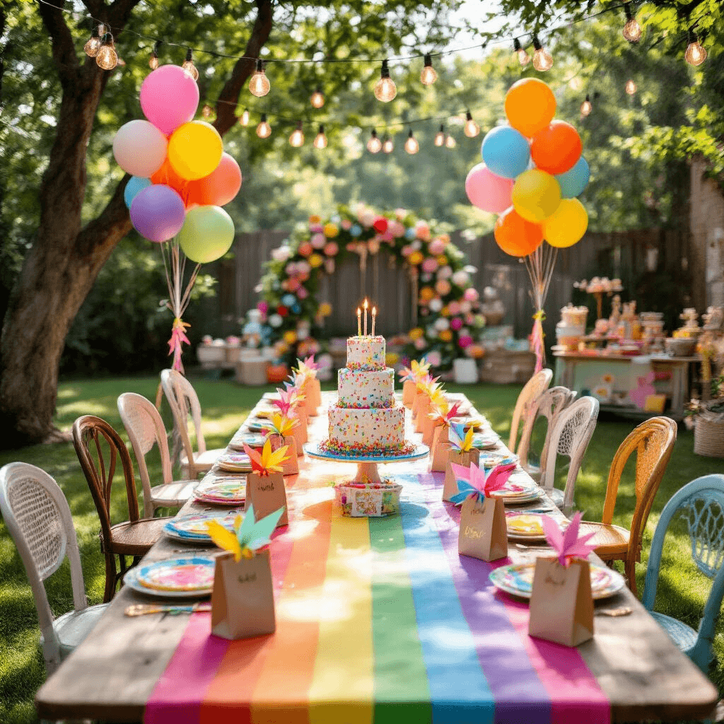 The Ultimate Guide to Crafting Perfect Birthday Party Invitations A whimsical backyard birthday party with a rainbow tablecloth picnic table, colorful balloons, vintage chairs with party favor bags, a decorated 3-tier cake, fairy lights overhead, and a DIY photo booth with a flower wall.