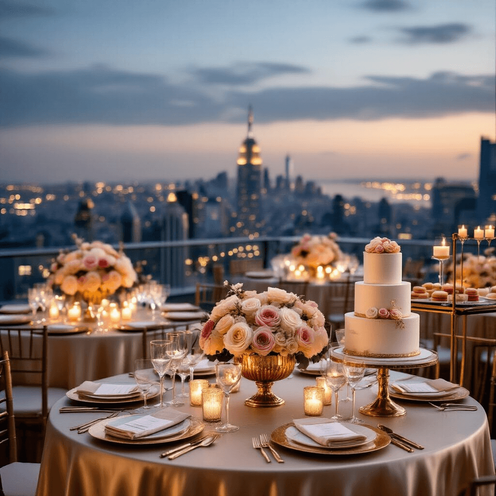 The Ultimate Guide to Crafting Perfect Birthday Party Invitations An elegant milestone birthday celebration on a chic rooftop terrace at dusk, featuring round tables with champagne silk linens, blush and cream rose centerpieces in gold vases, gold-rimmed place settings, twinkling fairy lights, a stylish bar cart with cocktails, and a dessert table with a tiered naked cake and pastel macarons.