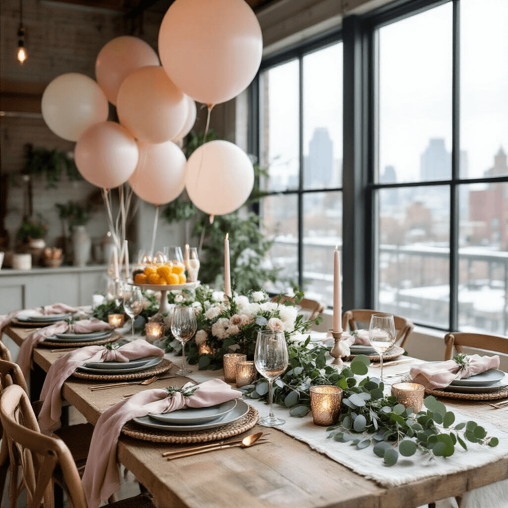 The Ultimate Guide to Crafting Perfect Birthday Party Invitations Cozy indoor winter birthday brunch in a modern loft with a farmhouse table adorned with floral arrangements, gold flatware, and a mimosa bar, surrounded by soft morning light and a snowy cityscape.