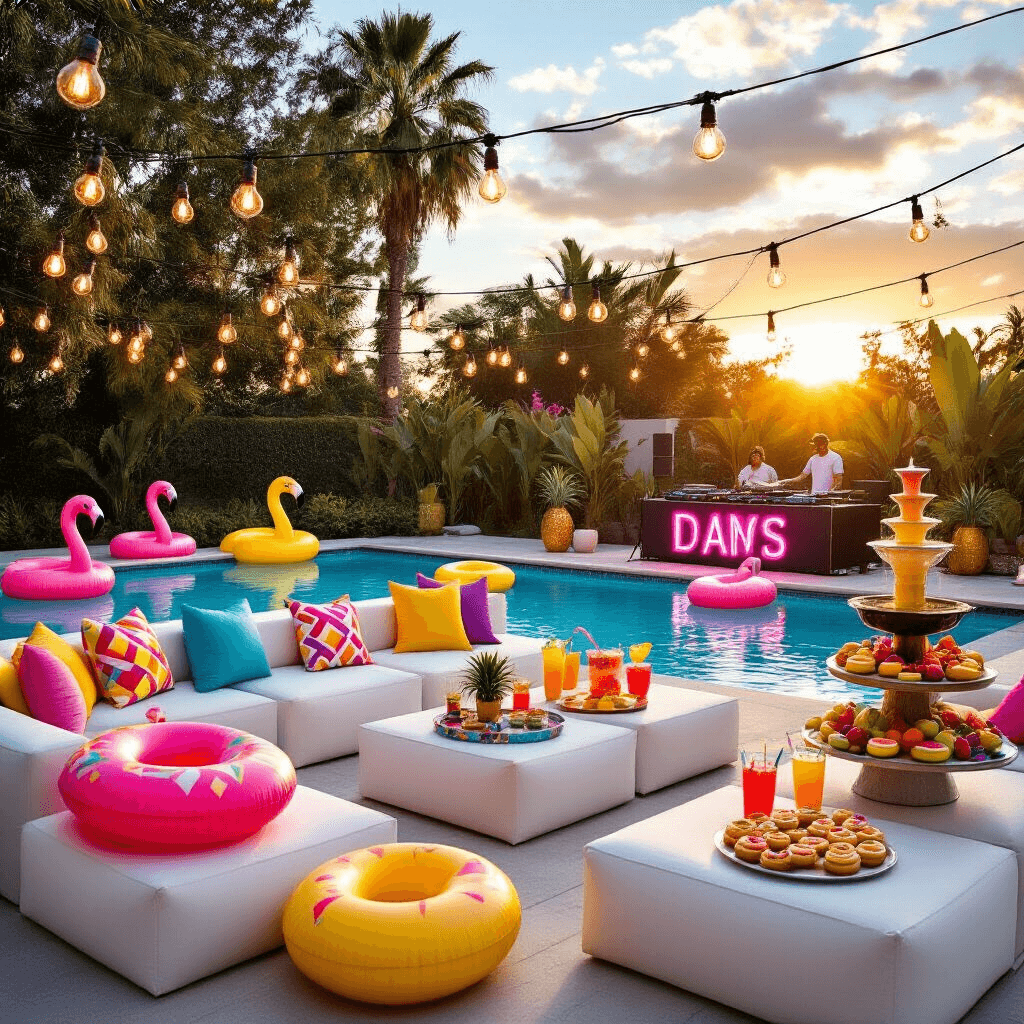 The Ultimate Guide to Crafting Perfect Birthday Party Invitations A vibrant teen pool party at golden hour features a stylish lounge with white seating and colorful pillows, string lights overhead, a DJ booth with neon signs, a pool filled with inflatable flamingos and pineapples, a floating table of bright mocktails, and a dessert cart with donuts and a chocolate fountain surrounded by fruit skewers.