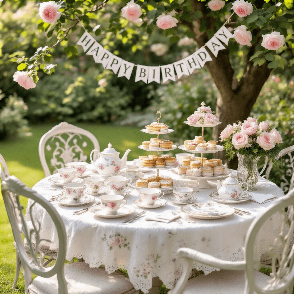 The Ultimate Guide to Crafting Perfect Birthday Party Invitations An enchanting garden tea party set in soft morning light, featuring mismatched vintage tables draped in lace with pastel floral china, silver teaspoons, and embroidered napkins. Tiered stands overflow with treats, while climbing roses and a handmade banner enhance the festive atmosphere, alongside prismatic lemonade decanters.
