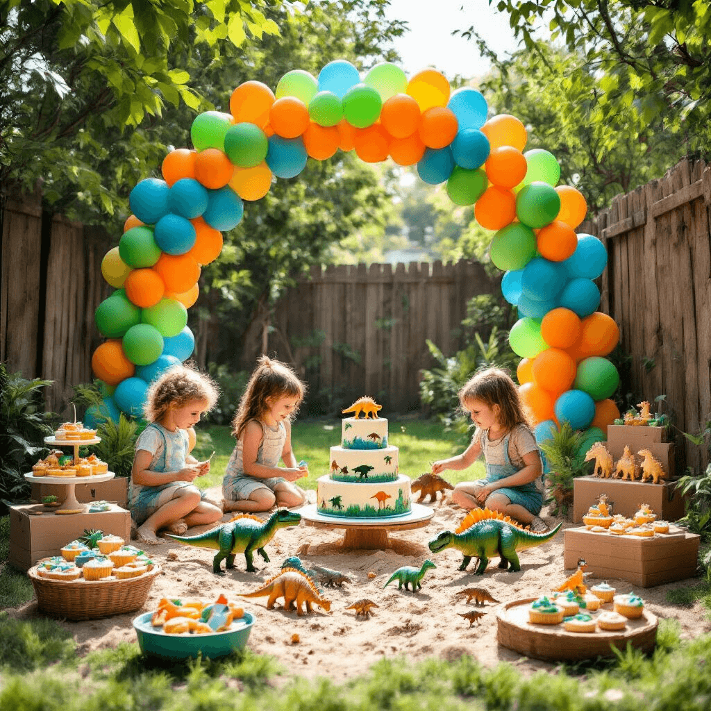 Roaring Good Times: The Ultimate Guide to Throwing an Epic Dinosaur Birthday Party A vibrant dinosaur-themed birthday party in a sunlit backyard featuring a balloon arch, children playing in a sandbox, a dessert table with a dinosaur cake, and a 'Pin the Tail on the T-Rex' game.