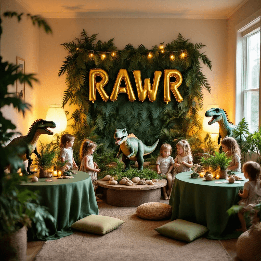 Roaring Good Times: The Ultimate Guide to Throwing an Epic Dinosaur Birthday Party A cozy indoor dinosaur-themed party featuring children in dinosaur costumes, round tables with green linens and dinosaur figurine centerpieces, a playful photo booth with 'RAWR' balloons, fossil-making activities at a low table, and soft lighting from dinosaur-shaped lamps, all under warm late afternoon light.