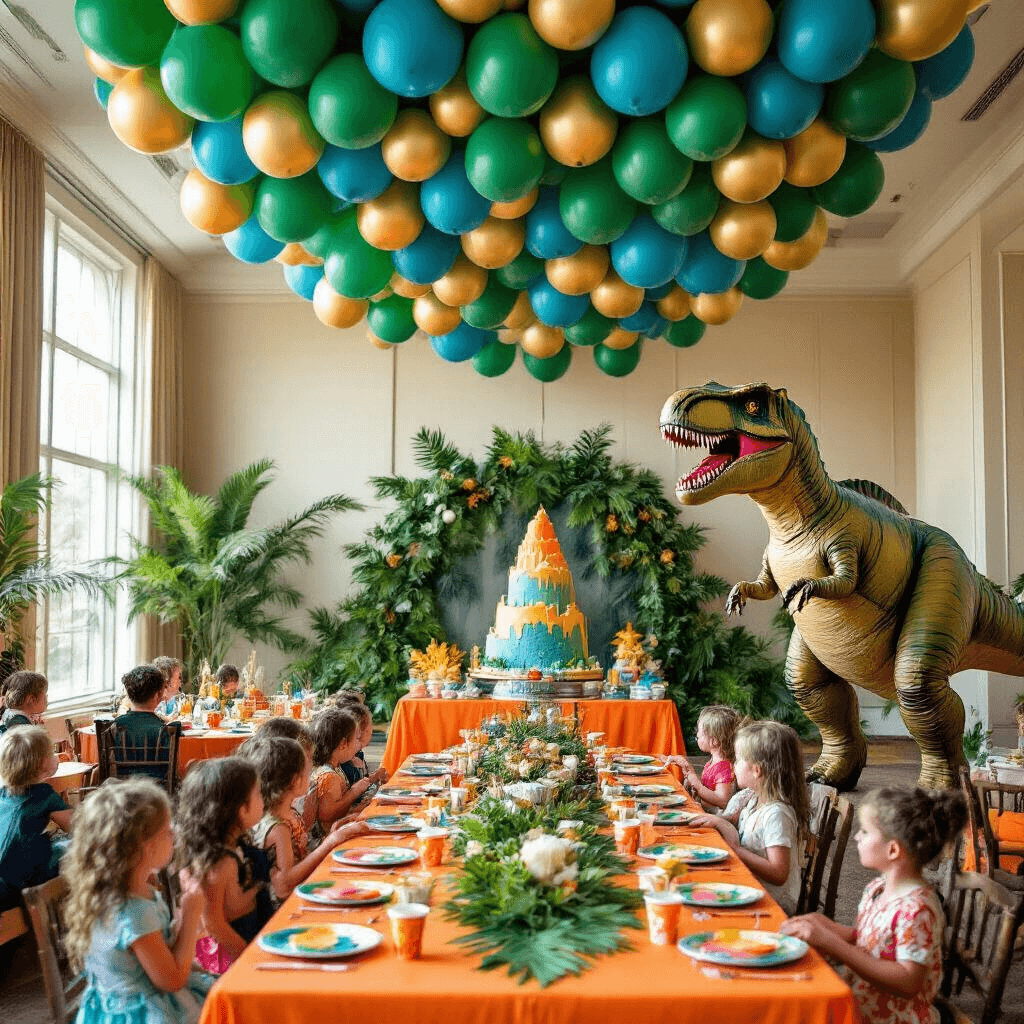 Roaring Good Times: The Ultimate Guide to Throwing an Epic Dinosaur Birthday Party A vibrant indoor dinosaur-themed celebration features a grand balloon installation, long tables with orange linens and dinosaur-themed tableware, a life-sized T-Rex cutout beside a volcano cake, and children in costumes on a small stage decorated with tropical foliage.