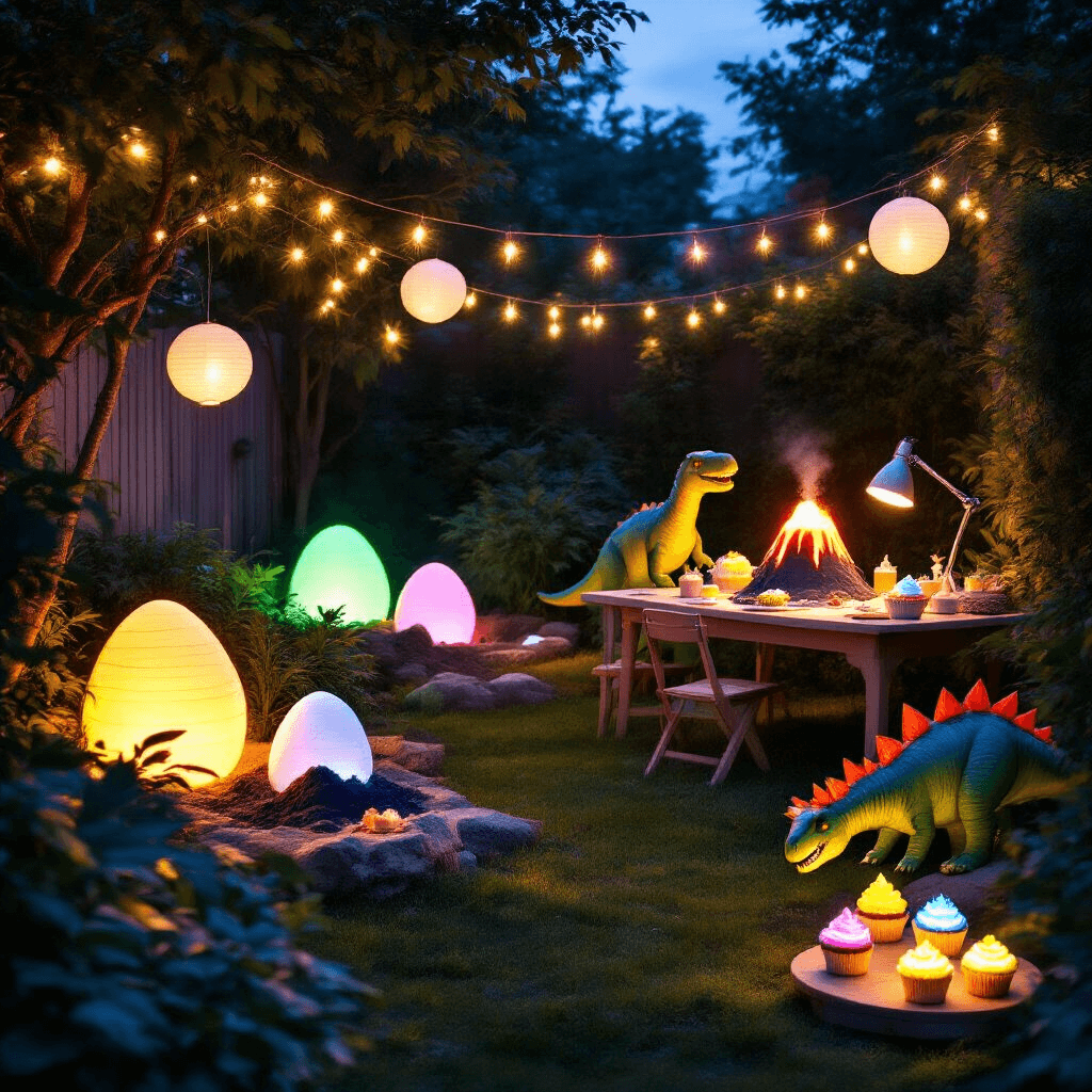 Roaring Good Times: The Ultimate Guide to Throwing an Epic Dinosaur Birthday Party A whimsical twilight scene of a dinosaur-themed party in a backyard, featuring glowing decorations, a 'Dino Egg Hunt' with oversized luminous eggs, a 'Fossil Dig' station with kids brushing for treasures, a dessert area with a volcano cake emitting dry ice 'smoke', and inflatable dinosaurs peeking from the lush greenery, all bathed in soft fairy lights and lanterns.