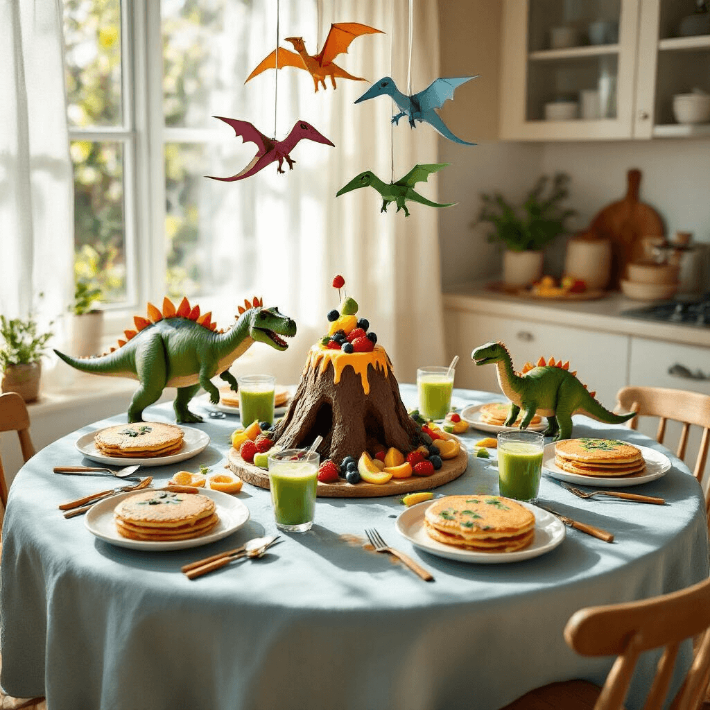 Roaring Good Times: The Ultimate Guide to Throwing an Epic Dinosaur Birthday Party A sunlit kitchen nook featuring a dinosaur-themed birthday breakfast with a blue tablecloth, dinosaur-shaped pancakes, colorful fruit skewers, green smoothie glasses, and a cardboard volcano centerpiece with a fruit platter, alongside a mobile of paper pterodactyls.