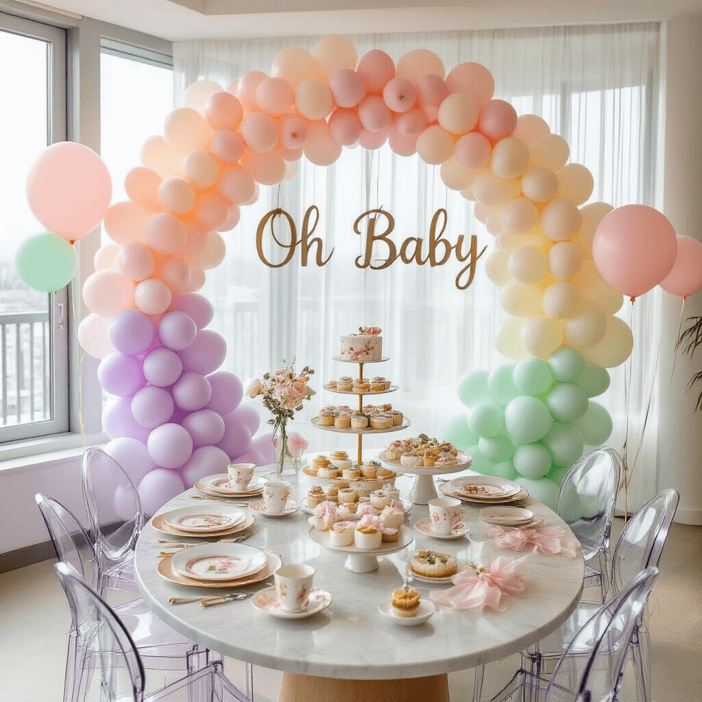Rainbow Balloons: The Ultimate Party Decor Magic A chic baby shower brunch setting in a modern apartment, featuring a pastel circular balloon arch, a marble dining table with gold-rimmed plates, delicate teacups, a tiered cake stand of petite desserts, and a rose gold 'Oh Baby' sign surrounded by mini balloons.