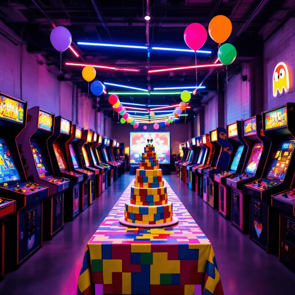 Epic Arcade Birthday Party: The Ultimate Guide to Gaming Celebration Awesomeness A vibrant arcade-themed birthday party with classic arcade cabinets, neon LED lights, a towering token cake, colorful balloons, and a DIY photo booth, capturing a joyful atmosphere with children playing games.