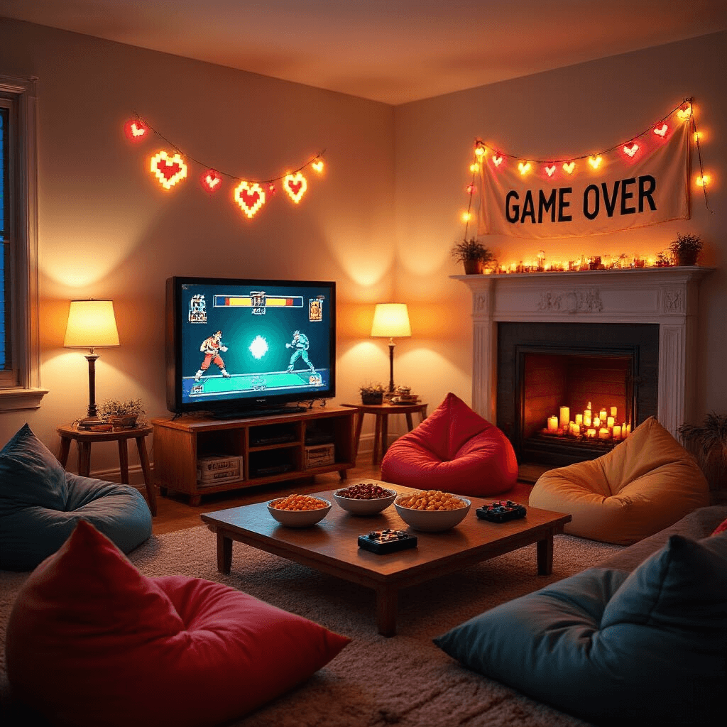 Epic Arcade Birthday Party: The Ultimate Guide to Gaming Celebration Awesomeness Cozy living room transformed into a retro gaming haven with soft lighting, a large TV displaying a fighting game, colorful bean bags, snacks, vintage joysticks, pixelated heart string lights, and a 'Game Over' banner above a candle-filled fireplace, captured from a low angle.