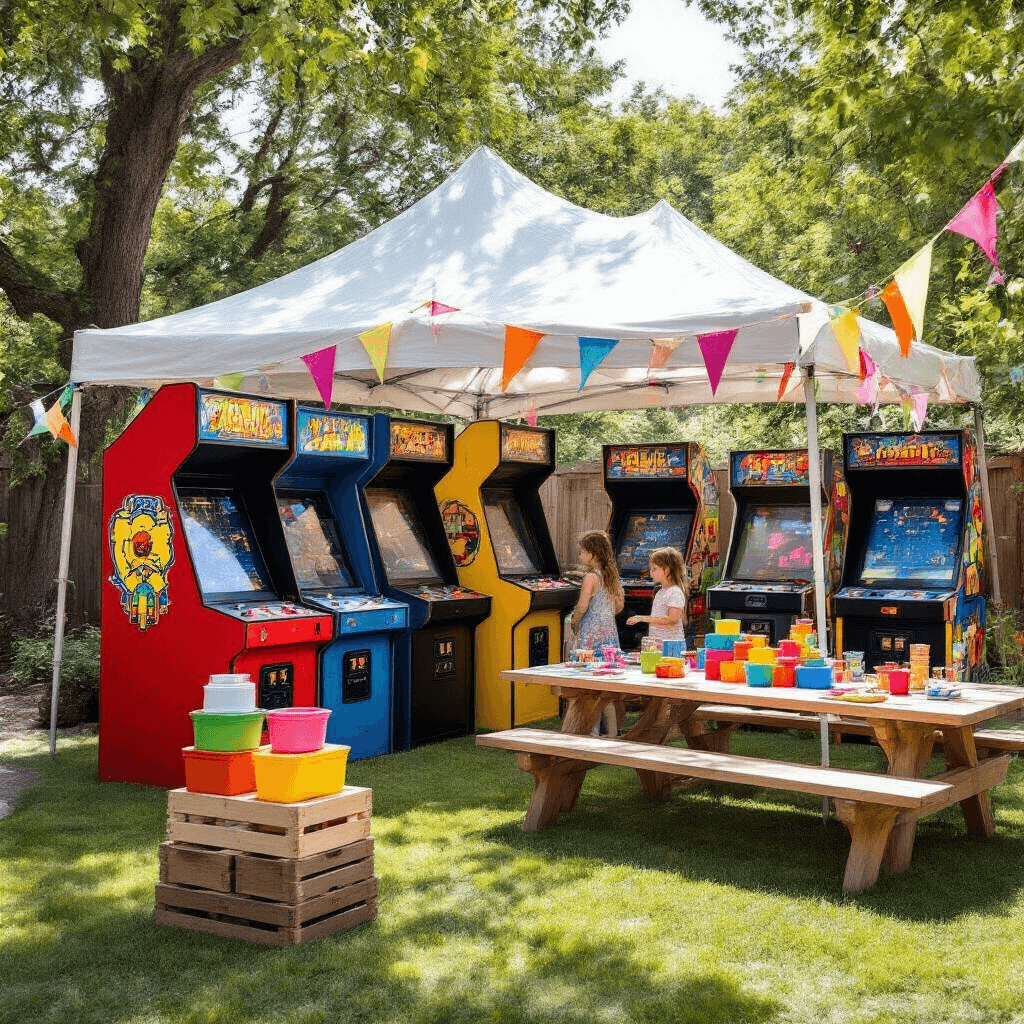 Epic Arcade Birthday Party: The Ultimate Guide to Gaming Celebration Awesomeness A vibrant outdoor arcade party in a sun-drenched backyard, featuring arcade cabinets under a tent, colorful streamers, a DIY prize counter, children playing with a giant Jenga set, and a picnic table set with colorful tableware and game-themed centerpieces.