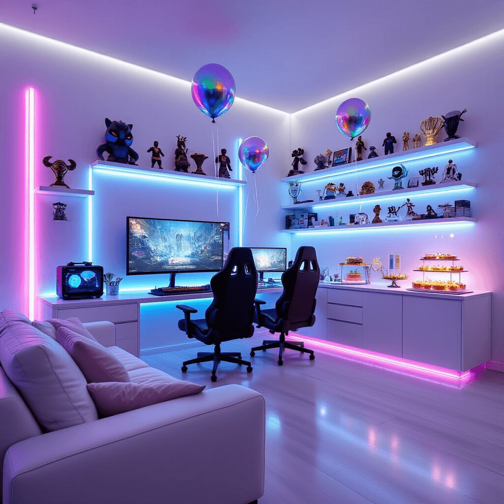 Epic Arcade Birthday Party: The Ultimate Guide to Gaming Celebration Awesomeness A futuristic gaming lounge designed for a teen's birthday, featuring minimalist white furniture contrasted with neon blue and purple LED lighting, a multi-screen gaming setup, ergonomic chairs, and a dessert bar with tech-inspired treats and holographic balloons.
