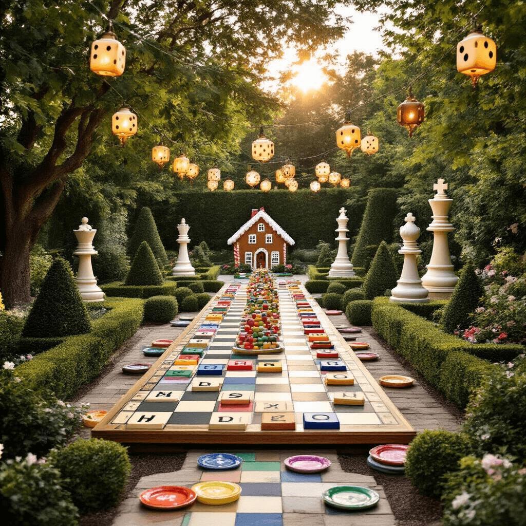 Epic Arcade Birthday Party: The Ultimate Guide to Gaming Celebration Awesomeness A whimsical garden party where classic board games are brought to life, featuring a giant Scrabble board with oversized letter tiles, towering chess pieces beside topiary Monopoly figures, and a banquet table resembling a Candyland board with colorful plates leading to a gingerbread house cake, all illuminated by hanging lanterns shaped like dice at sunset.