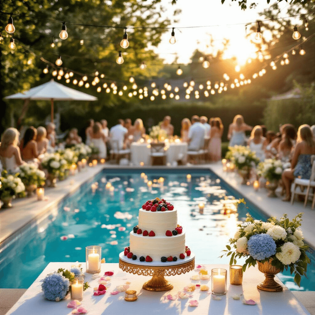 Henry Gamble's Birthday Party: A Subtle Exploration of Faith, Identity, and Adolescence A vibrant poolside birthday celebration in a spacious backyard during golden hour, featuring a rectangular pool with floating candles and flower petals, tables with white linens and blue hydrangea centerpieces, overhead Edison bulbs, and a tiered white cake with fresh berries on a gold stand as guests in summer attire mingle nearby.