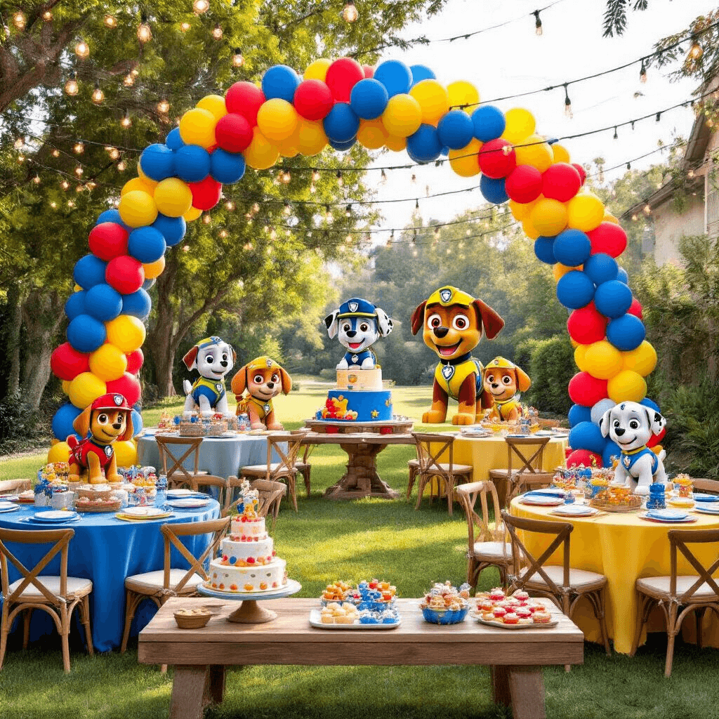 Creating the Ultimate PAW Patrol Balloon Bash: A Parent's Dream Guide A whimsical PAW Patrol-themed birthday party featuring a vibrant balloon arch, colorful tables with puppy-themed centerpieces, an oversized Chase balloon, string lights overhead, and a dessert table with a tiered cake and themed treats.