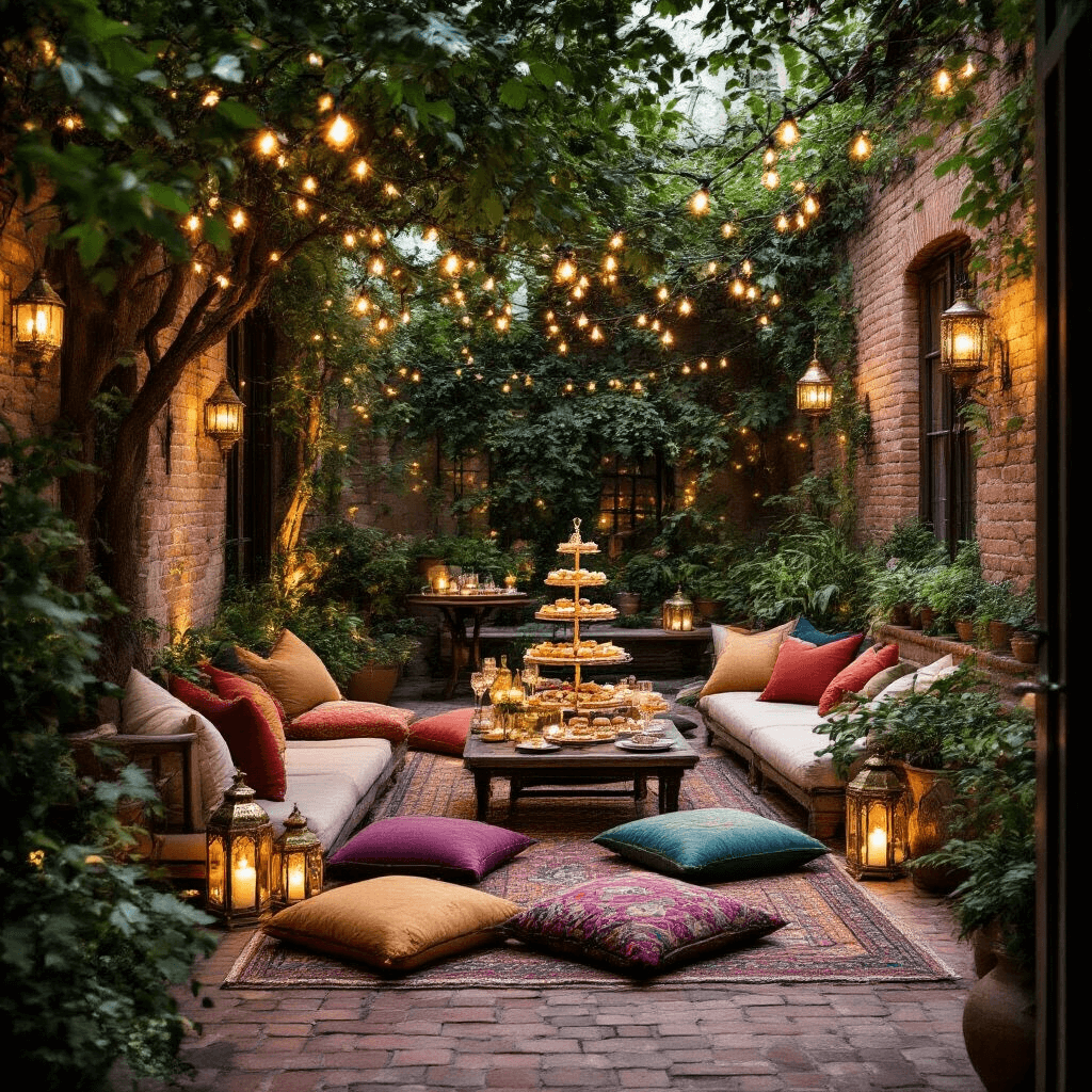 Henry Gamble's Birthday Party: A Subtle Exploration of Faith, Identity, and Adolescence An enchanting evening courtyard garden party illuminated by fairy lights, featuring low tables with jewel-toned cushions, Moroccan lanterns, and a dessert cart with pastries and a champagne tower, surrounded by trailing vines and potted herbs against weathered brick walls.
